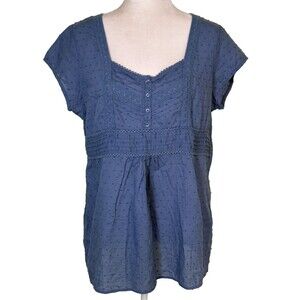 Sonoma Women's Blue Boho Peasant Swiss Dot Lace Cottagecore Empire Waist Top Lg